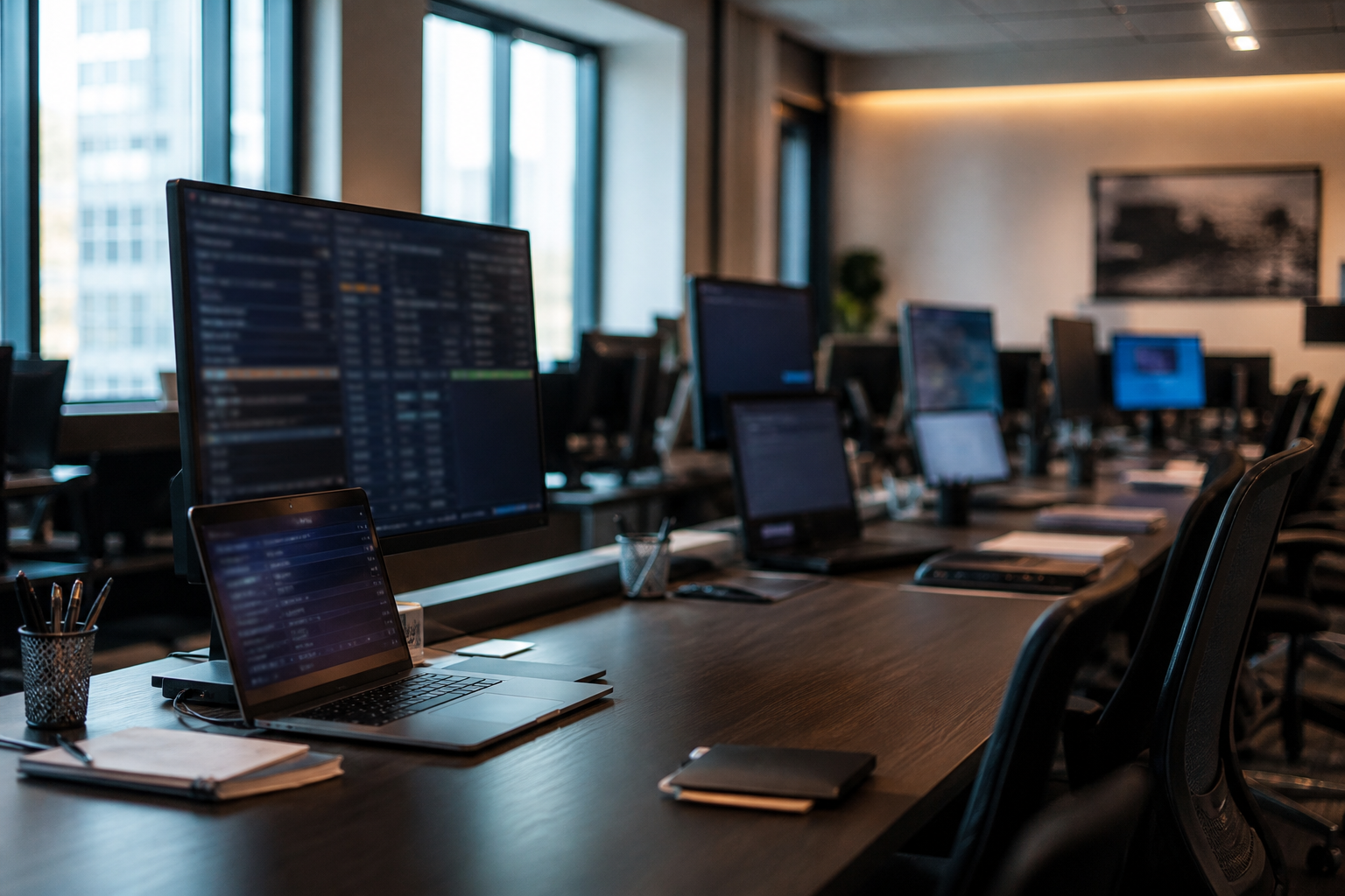 Office desks with computer monitors before the US stock market opens